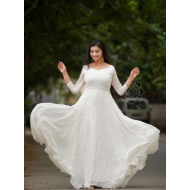 Fancy Mirror Work White Long Gown With Leheriya Dupatta