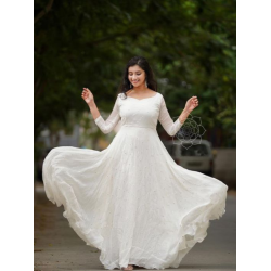 Fancy Mirror Work White Long Gown With Leheriya Dupatta