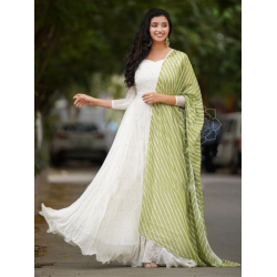 Fancy Mirror Work White Long Gown With Leheriya Dupatta