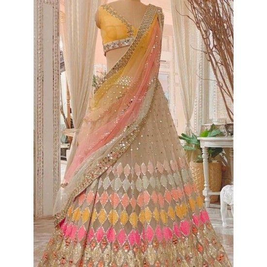 Beautiful Heavy Embroidery Net Yellow Pink Wedding Lehenga Choli Readymade