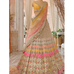 Beautiful Heavy Embroidery Net Yellow Pink Wedding Lehenga Choli Readymade