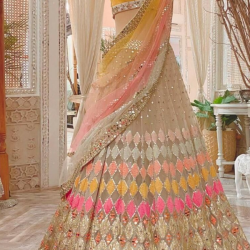 Beautiful Heavy Embroidery Net Yellow Pink Wedding Lehenga Choli Readymade