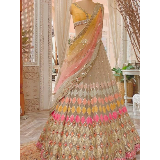 Beautiful Heavy Embroidery Net Yellow Pink Wedding Lehenga Choli Readymade