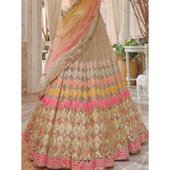 Beautiful Heavy Embroidery Net Yellow Pink Wedding Lehenga Choli Readymade