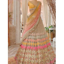 Beautiful Heavy Embroidery Net Yellow Pink Wedding Lehenga Choli Readymade