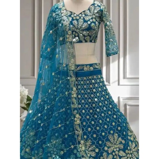 Bridal Net Heavy Embroidery Teal Blue Lehenga Choli Readymade