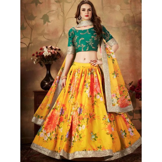 Beautiful Yellow Green Floral Embroidery Lehenga Choli Readymade
