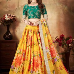 Beautiful Yellow Green Floral Embroidery Lehenga Choli Readymade