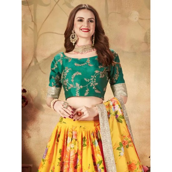 Beautiful Yellow Green Floral Embroidery Lehenga Choli Readymade