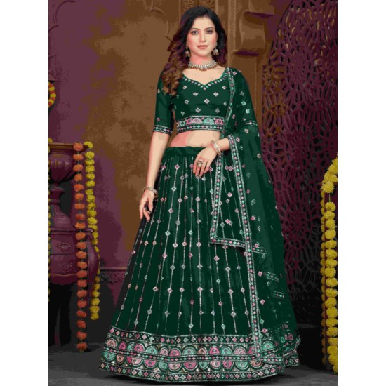 Georgette Floral Heavy Embroidery Green Umbrella Lehenga Choli Readymade