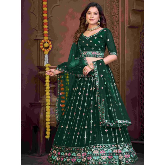 Georgette Floral Heavy Embroidery Green Umbrella Lehenga Choli Readymade