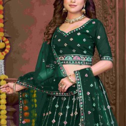 Georgette Floral Heavy Embroidery Green Umbrella Lehenga Choli Readymade