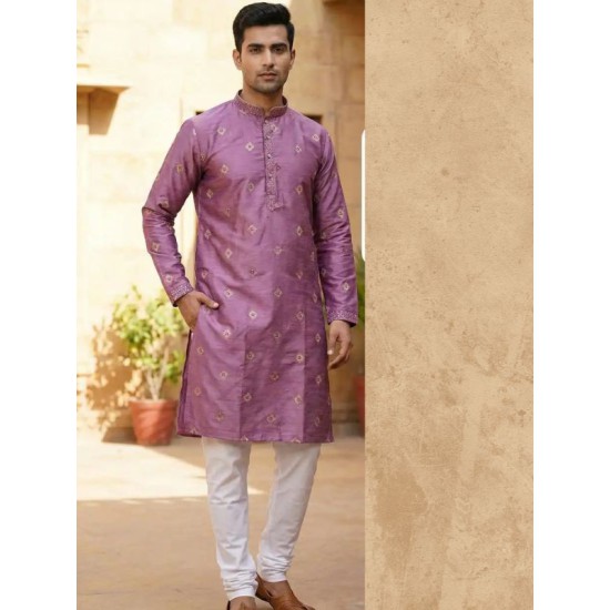Designer Silk Sequence Embroidery Purple Men's Kurta with Pajama Set