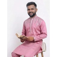 Designer Silk Sequence Embroidery Pink Men's Kurta with Pajama Set