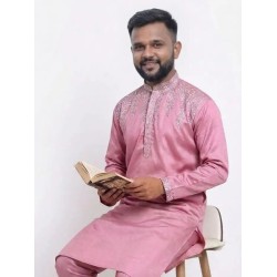 Designer Silk Sequence Embroidery Pink Men's Kurta with Pajama Set