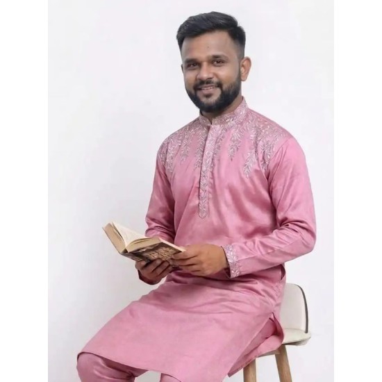 Designer Silk Sequence Embroidery Pink Men's Kurta with Pajama Set