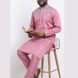 Designer Silk Sequence Embroidery Pink Men's Kurta with Pajama Set