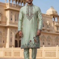 Soft Silk Embroidery Men's Kurta with Pant Set
