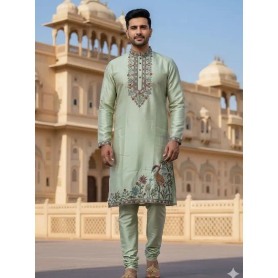 Soft Silk Embroidery Men's Kurta with Pant Set