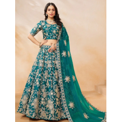 Art Silk Heavy Embroidery Designer Teal Blue Lehenga Choli Readymade