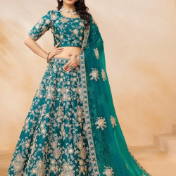 Art Silk Heavy Embroidery Designer Teal Blue Lehenga Choli Readymade