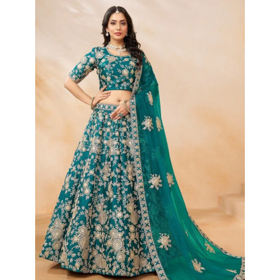 Art Silk Heavy Embroidery Designer Teal Blue Lehenga Choli Readymade