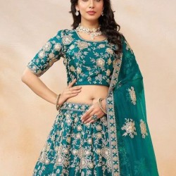 Art Silk Heavy Embroidery Designer Teal Blue Lehenga Choli Readymade