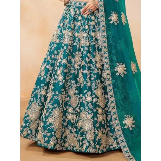 Art Silk Heavy Embroidery Designer Teal Blue Lehenga Choli Readymade