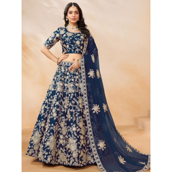 Dark Blue Art Silk Embroidery Designer Lehenga Choli Readymade