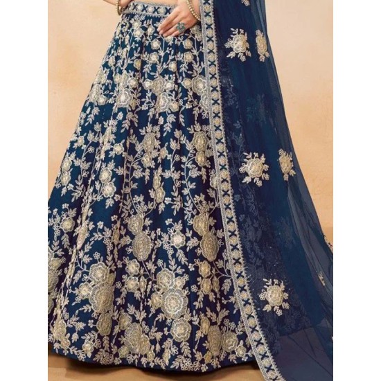 Dark Blue Art Silk Embroidery Designer Lehenga Choli Readymade