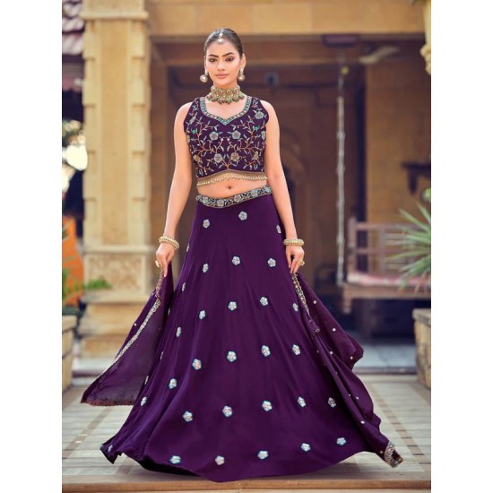 Georgette Floral Heavy Embroidery Beads Purple Lehenga Choli Readymade