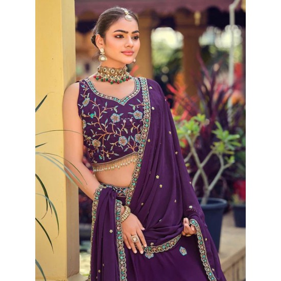 Georgette Floral Heavy Embroidery Beads Purple Lehenga Choli Readymade