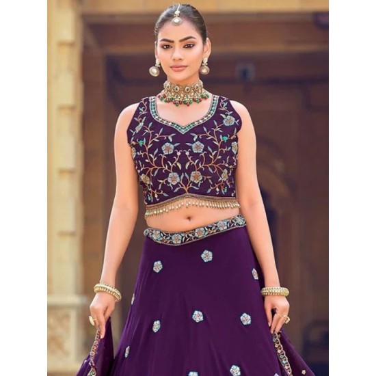 Georgette Floral Heavy Embroidery Beads Purple Lehenga Choli Readymade