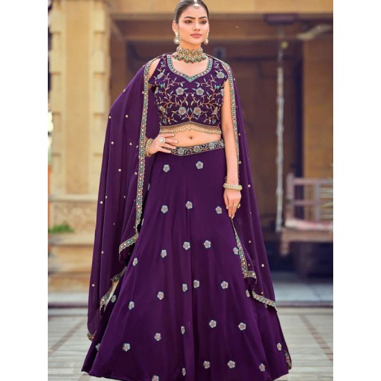 Georgette Floral Heavy Embroidery Beads Purple Lehenga Choli Readymade