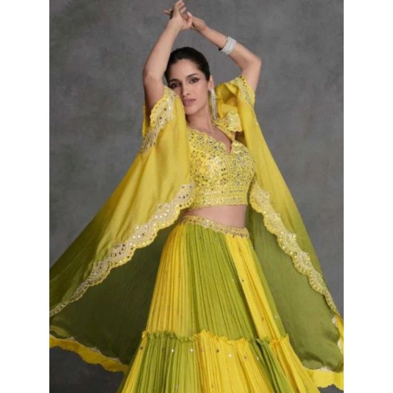 Heavy Georgette Floral Designer Yellow Green Lehenga Choli Readymade