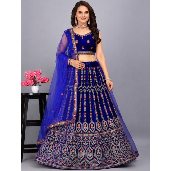 Latest Embroidery Wedding Velvet Dark Blue Lehenga choli Readymade
