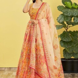 Orange Yellow Traditional Embroidery Style Sequins Partywear Lehenga Choli