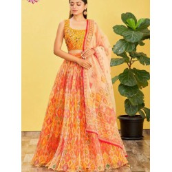 Orange Yellow Traditional Embroidery Style Sequins Partywear Lehenga Choli