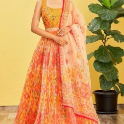 Orange Yellow Traditional Embroidery Style Sequins Partywear Lehenga Choli