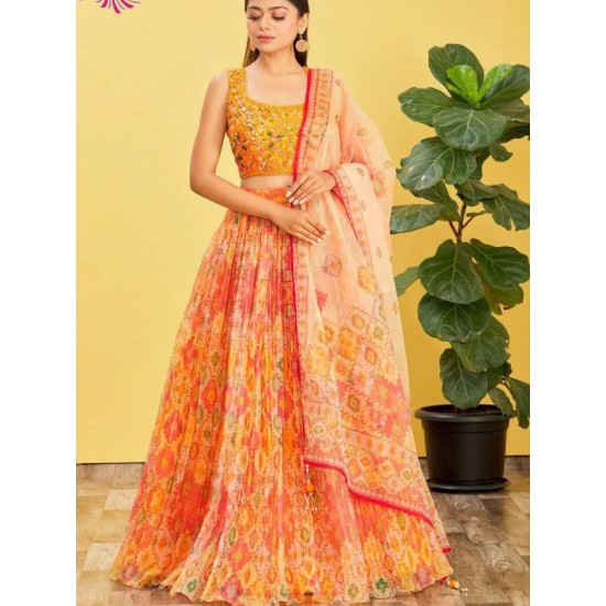 Orange Yellow Traditional Embroidery Style Sequins Partywear Lehenga Choli