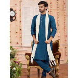 Traditional Wedding  Art Banarasi Silk Men's Kurta Pajama With Dupatta Set