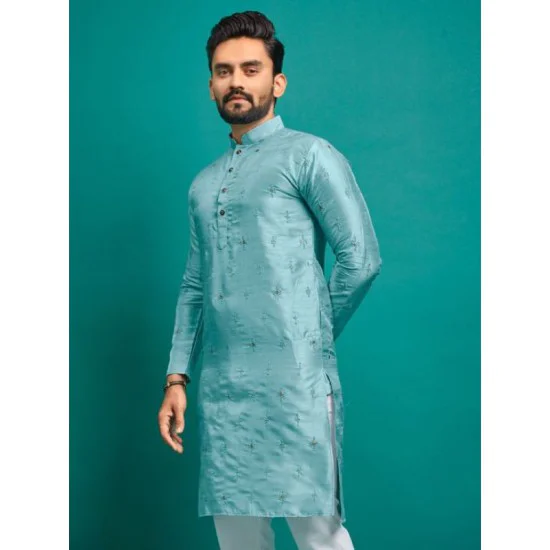 Soft Silk Thread Embroidery Men's Kurta with Pajama Set 3XL