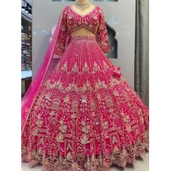 Hot Pink Heavy Designer Mirror Stone Work Wedding Lehenga Choli Readymade