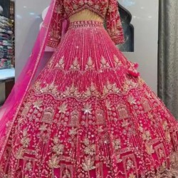 Hot Pink Heavy Designer Mirror Stone Work Wedding Lehenga Choli Readymade
