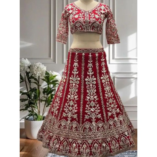 Red Floral Embroidery Heavy Net Lehenga Choli Readymade Red Floral Embroidery Heavy Net Lehenga Choli Readymade