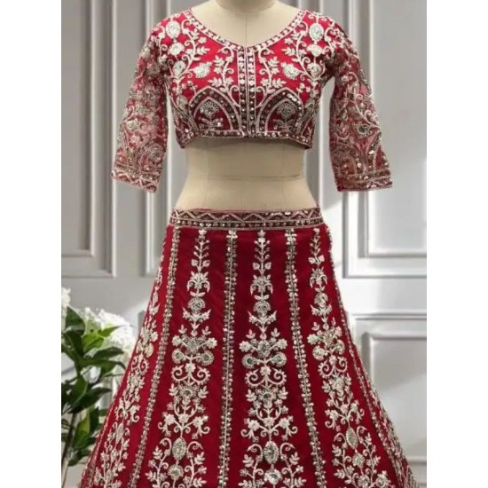 Red Floral Embroidery Heavy Net Lehenga Choli Readymade Red Floral Embroidery Heavy Net Lehenga Choli Readymade