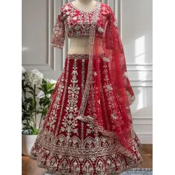 Red Floral Embroidery Heavy Net Lehenga Choli Readymade