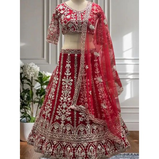 Red Floral Embroidery Heavy Net Lehenga Choli Readymade Red Floral Embroidery Heavy Net Lehenga Choli Readymade