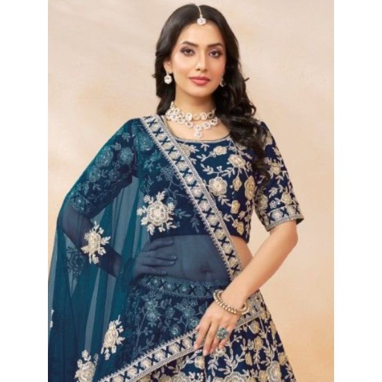 Teal Blue Art Silk Heavy Embroidery Designer Lehenga Choli Readymade