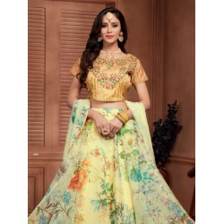 Yellow Floral Digital Printed Organza Silk Lehenga Choli Readymade